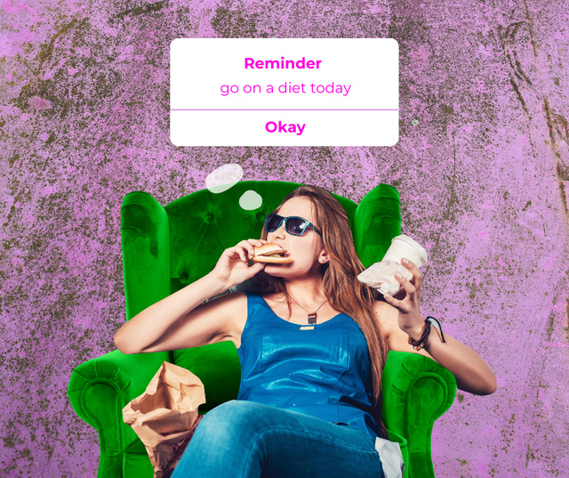 Ontwerpsjabloon van Facebook van Funny Joke about Diet with Woman eating Fast Food