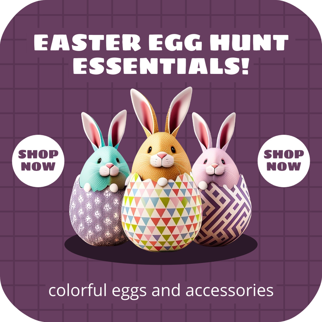 Easter Egg Hunt Ad with Cute Bunnies in Painted Eggs Instagram AD Design Template