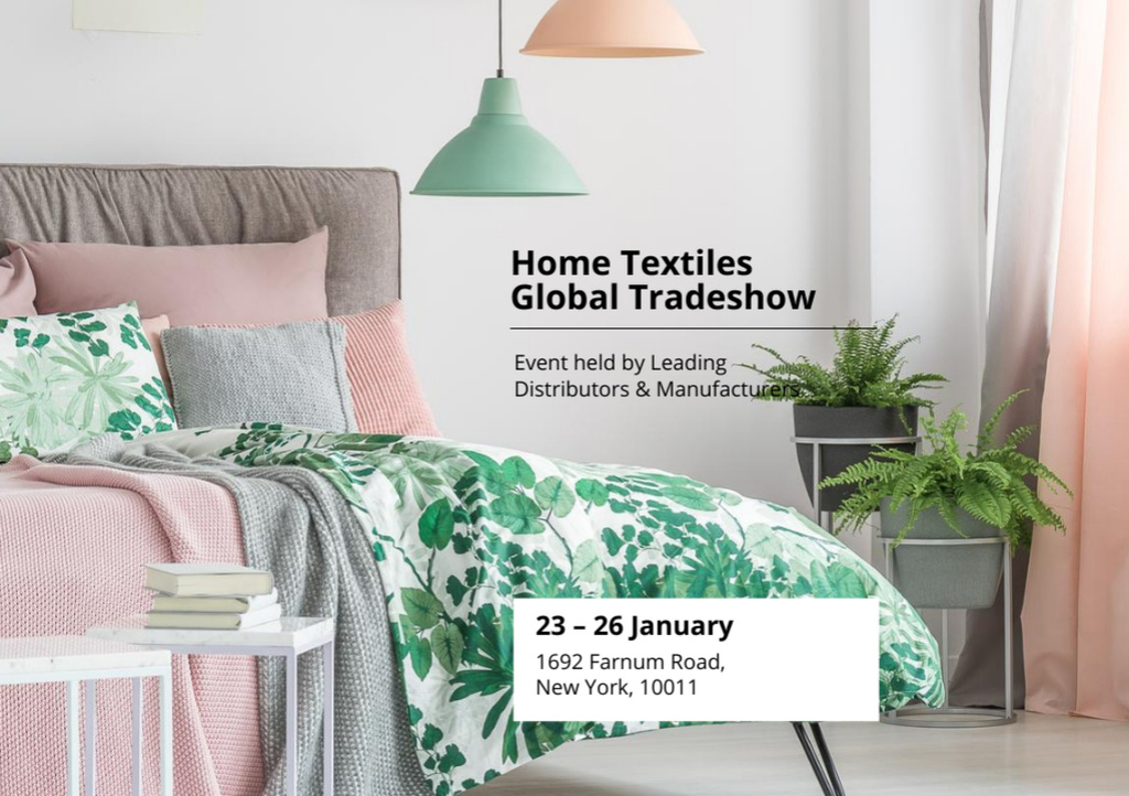 Home Textiles Event Announcement with Pastel Bedroom Flyer A5 Horizontal Design Template