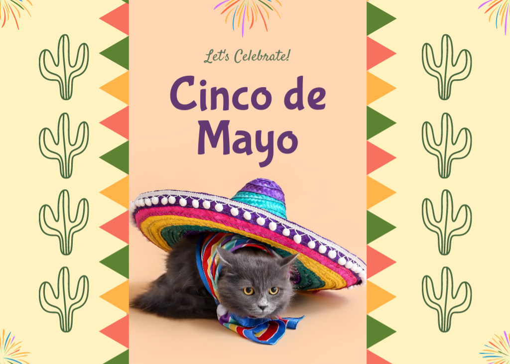 Designvorlage Cinco De Mayo with Grey Cat in Sombrero für Postcard 5x7in