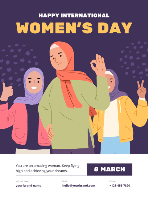 International Women's Day Greeting with Smiling Muslim Women Poster US Tasarım Şablonu