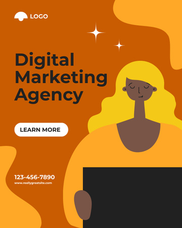 Modèle de visuel Annonce d'agence de marketing numérique avec une femme travaillant sur un ordinateur portable - Instagram Post Vertical