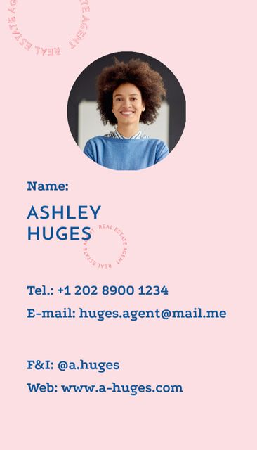 Ontwerpsjabloon van Business Card US Vertical van Real Estate Agent With Contacts In Pink