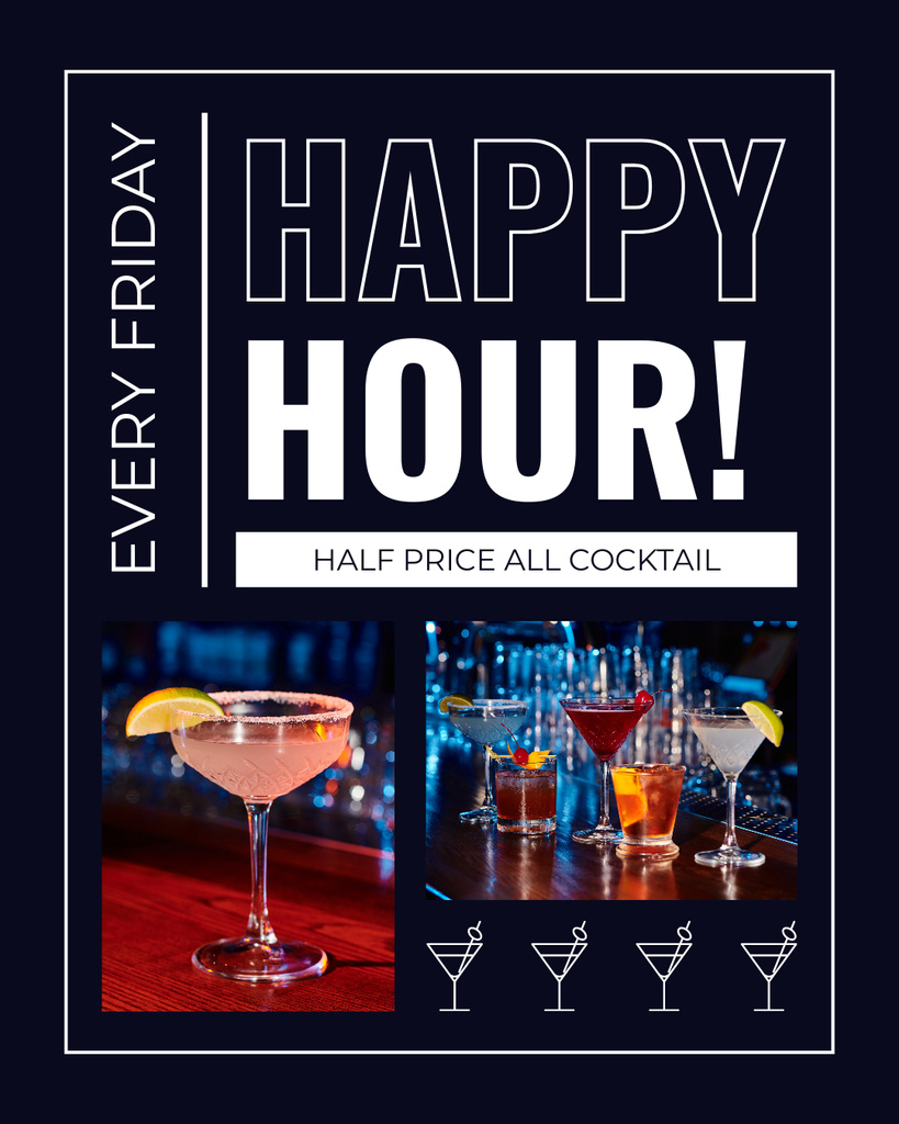 Designvorlage Happy Hours on Half Price Cocktails für Instagram Post Vertical