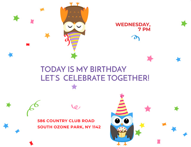 Template di design Birthday Party Announcement With Owls Invitation 13.9x10.7cm Horizontal
