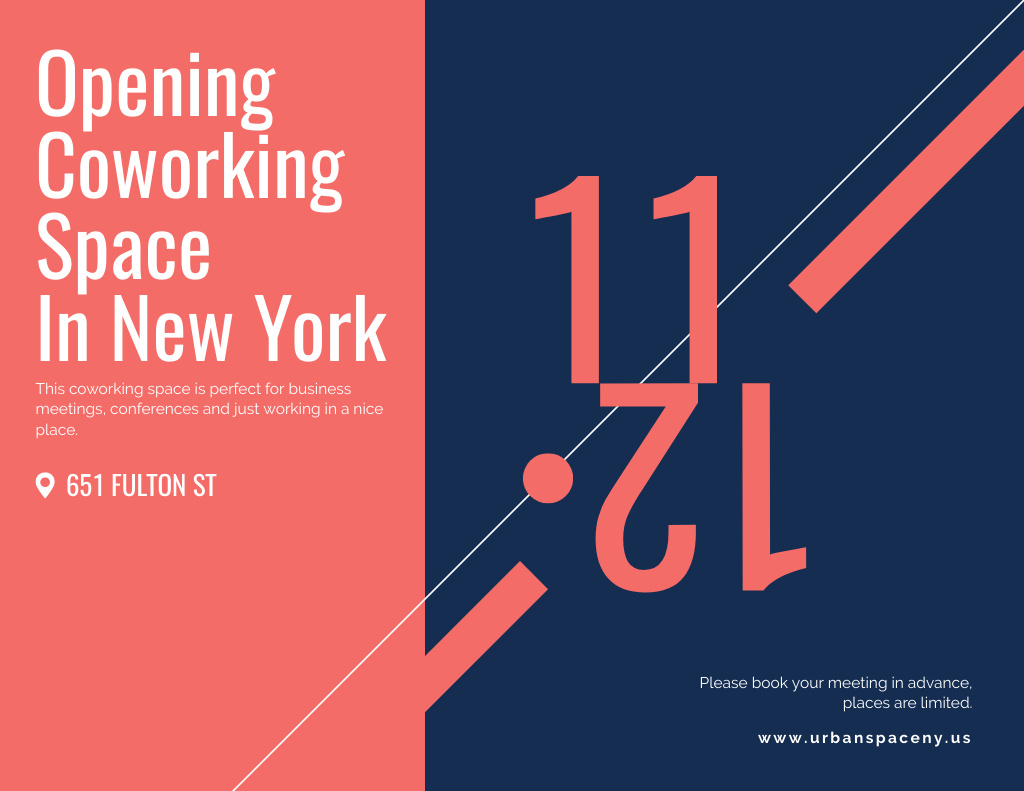 Coworking Space Opening Announcement on Blue and Peach Flyer 8.5x11in Horizontal Design Template