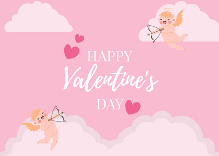 Happy Valentine's Day Greeting with Cute Cupids on Pink Card Design Template