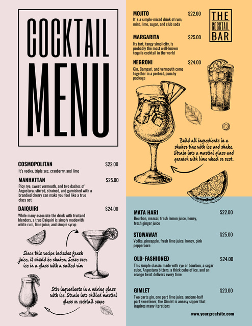 Sketch Drawn Cocktail with Prices Menu 8.5x11in Design Template