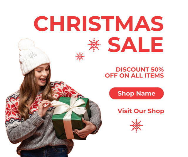 Christmas Sale Ad with Woman in Warm Clothes with Gift Facebook Πρότυπο σχεδίασης