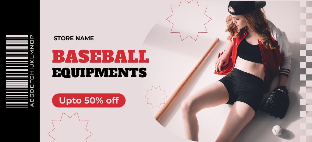 High-Quality Baseball Equipment Store Ad with Young Attractive Woman Coupon 3.75x8.25inデザインテンプレート