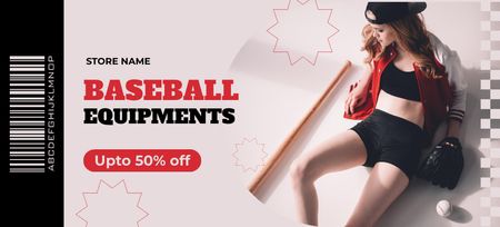Designvorlage Baseball Equipment Store Ad with Young Attractive Woman für Coupon 3.75x8.25in
