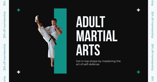 Adult Martial Arts Ad with Fighter in Position Facebook AD tervezősablon