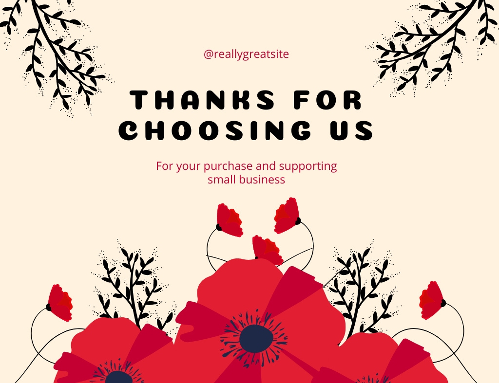 Many Thanks for Choosing Us Message with Red Poppies Thank You Card 5.5x4in Horizontal Modelo de Design