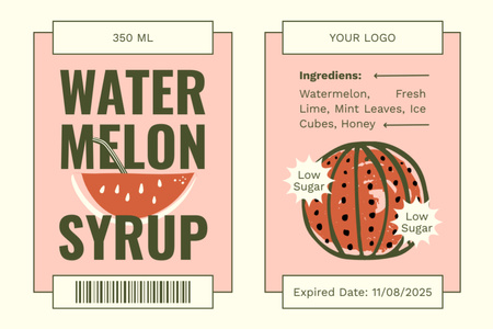 Vynikající melounový sirup s nízkým obsahem cukru Label Šablona návrhu