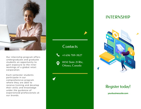 Ontwerpsjabloon van Brochure 8.5x11in van Aankondiging voor beroepsopleiding met vrouw die laptop gebruikt