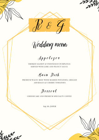 Fekete és sárga elemek az esküvőn Menu tervezősablon