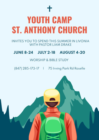 youth religion camp πρόσκληση με αγόρι στα βουνά Flyer A4 Πρότυπο σχεδίασης