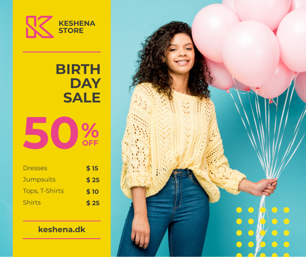 Birthday Fashion Sale Girl with Pink Balloons Facebook Design Template