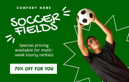 Platilla de diseño Soccer Fields Rental Offer with Young Player Invitation 4.6x7.2in Horizontal