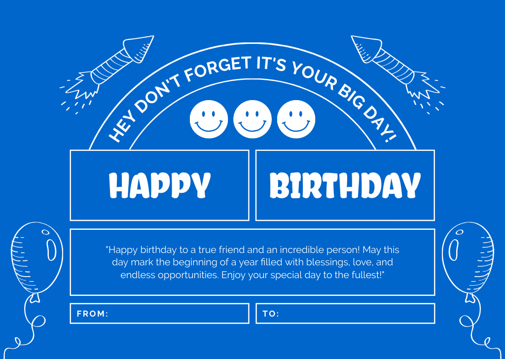 Happy Birthday Wishes with Balloon Sketches on Blue Card Modelo de Design