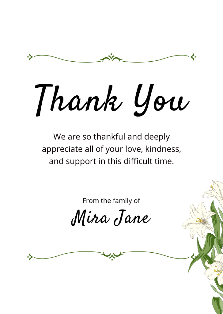 Funeral Thank You Card with Flowers Bouquet Postcard A6 Vertical Design Template