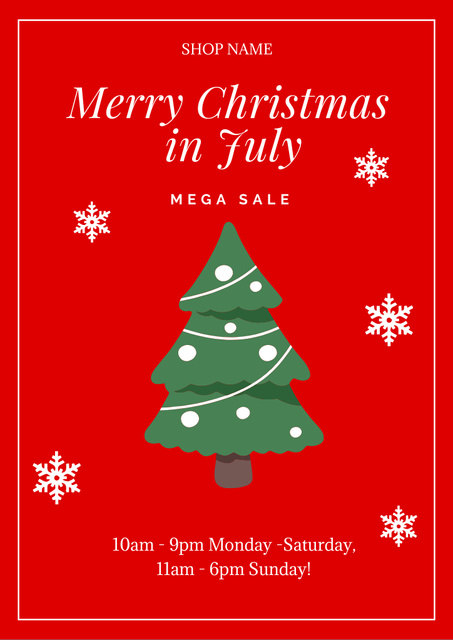 July Christmas Sale with Cute Christmas Tree Flyer A4 Design Template