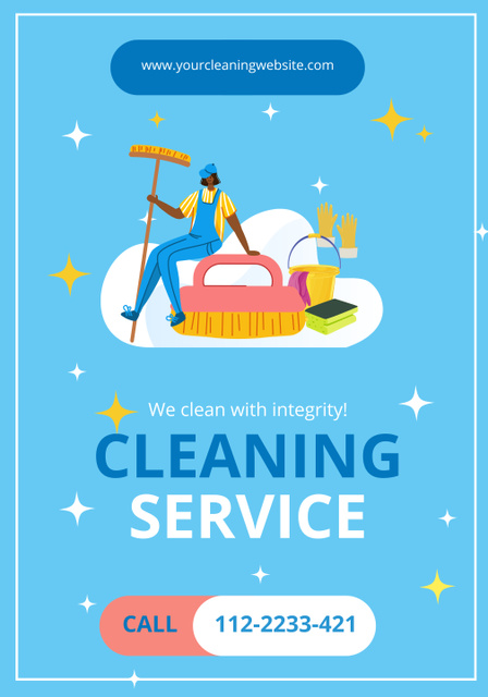 Quality Cleaning Service Offer With Illustration In Blue Poster 28x40in Modelo de Design