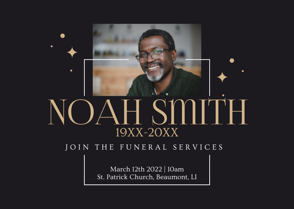 Funeral Service Invitation with Photo on Black Card Design Template
