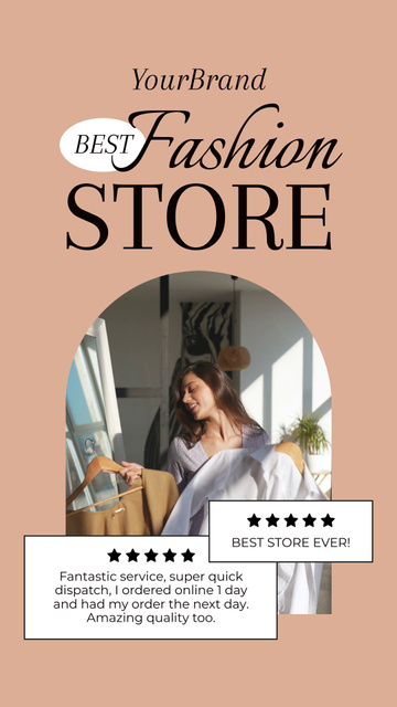 Fashion Store Review with Woman Offering Clothes Instagram Video Storyデザインテンプレート