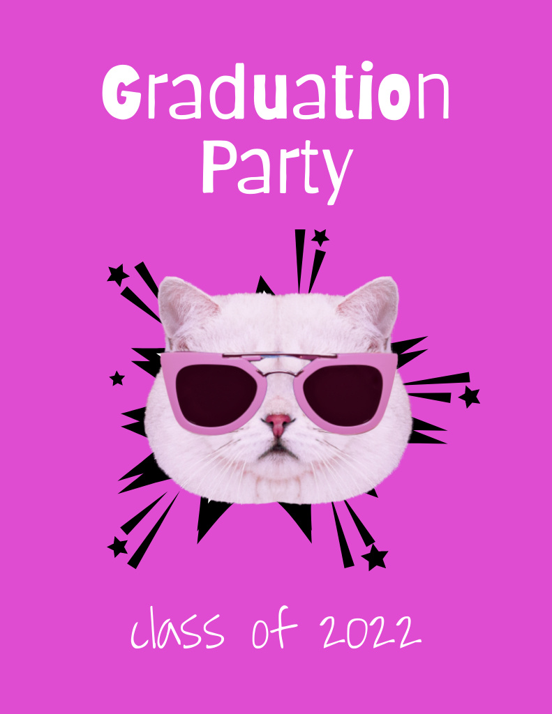 Graduation Party Announcement with Funny Cat in Sunglasses in Purple Flyer 8.5x11in Šablona návrhu