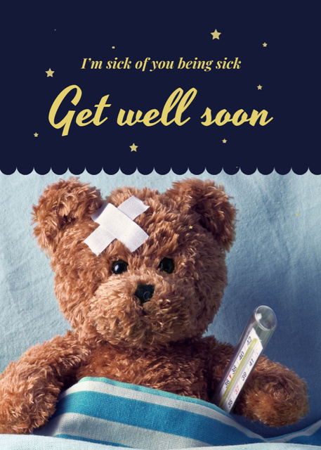 Modèle de visuel Sick Teddy Bear With Thermometer And Patch - Postcard 5x7in Vertical