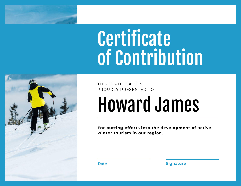 Ontwerpsjabloon van Certificate van Winter Tourism Contribution gratitude with Skier in mountains