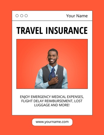Designvorlage Travel Insurance Offer on Orange with Black Man für Flyer 8.5x11in