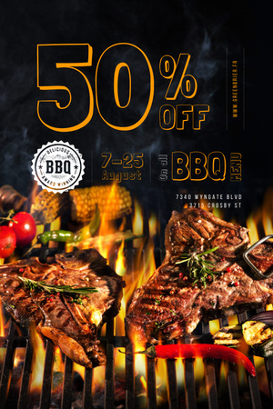 BBQ Menu with Grilled Meat on Fire Pinterest Design Template