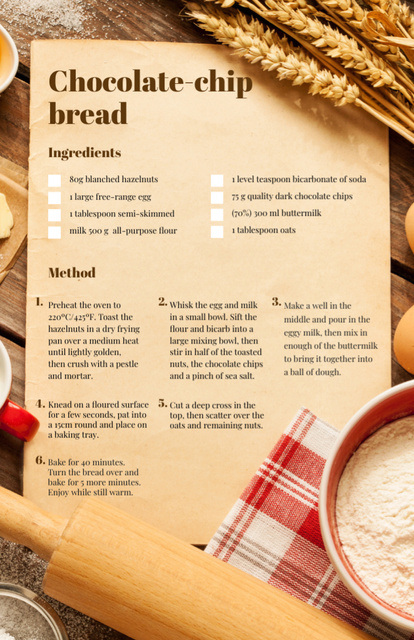 Chocolate Chip Bread Recipe Recipe Card tervezősablon