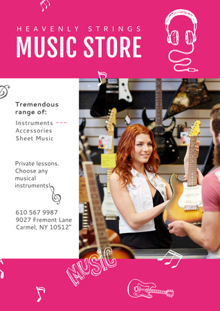 Young female seller offering Guitar to buyer Poster Šablona návrhu
