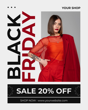 Plantilla de diseño de Mujer con impresionante traje rojo para anuncio de rebajas del Black Friday Instagram Post Vertical 