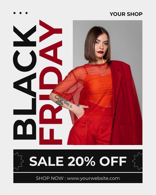 Modèle de visuel Woman in Stunning Red Outfit for Black Friday Sale Ad - Instagram Post Vertical