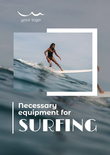 Plantilla de diseño de Necessary Surfing Equipment Ad with Woman on Surfboard in Water Postcard A6 Vertical 