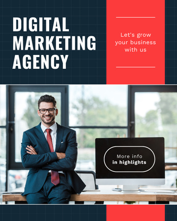 Digitális marketing ügynökség szolgáltatása kék öltönyű üzletemberrel Instagram Post Vertical tervezősablon