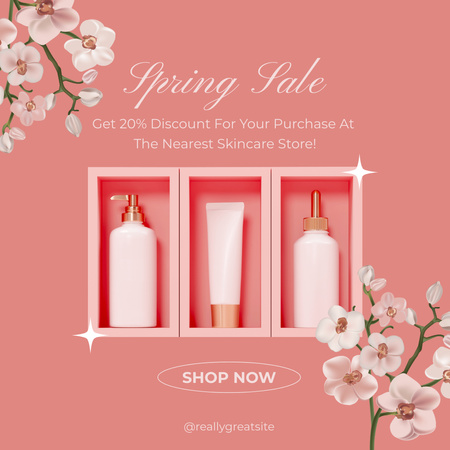 Spring Sale Skin Care Cosmetics with Flowers in Pink Instagram AD Design Template