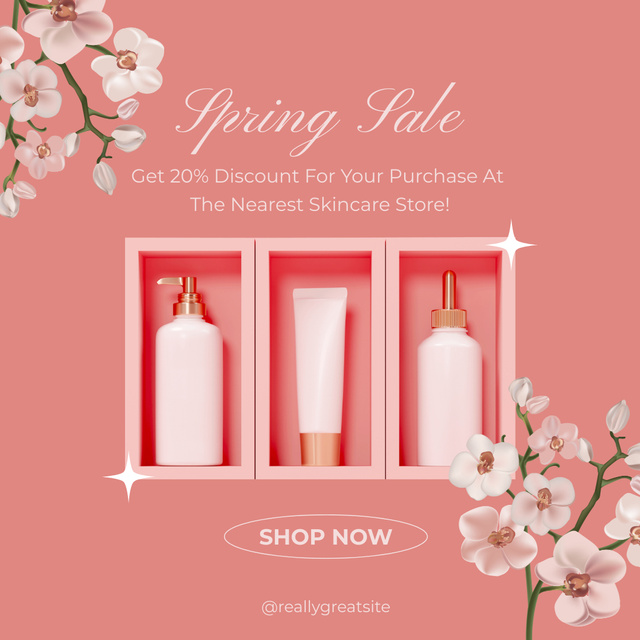 Spring Sale Skin Care Cosmetics with Flowers in Pink Instagram ADデザインテンプレート