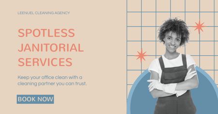 Professional Janitorial Services Offer with Woman in Uniform Facebook AD Design Template