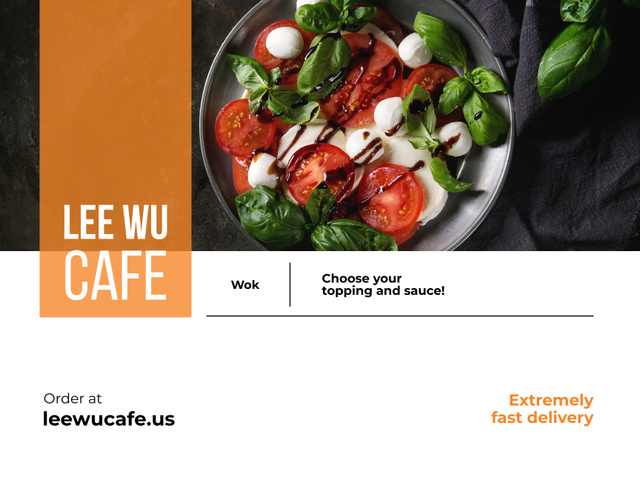 New Cafe Promotion with Caprese Salad And Delivery Service Poster 18x24in Horizontal Modelo de Design