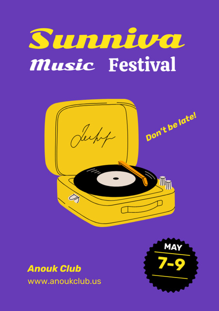Music Festival Ad with Vinyl Player Flyer A7 Design Template