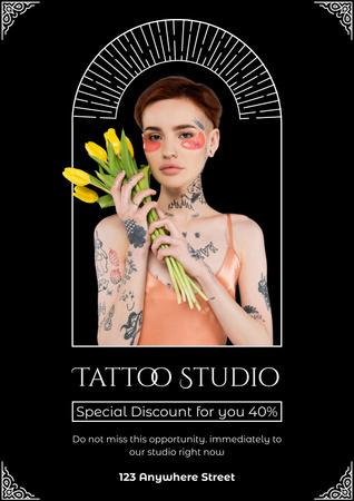 Platilla de diseño Creative Tattoo Studio With Discount And Tulips Poster
