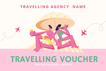 Traveling Voucher with Funny Cartoon Illustration Gift Certificate Design Template