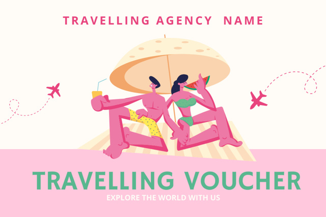 Ontwerpsjabloon van Gift Certificate van Traveling Voucher with Funny Cartoon Illustration