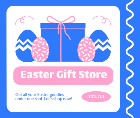 Designvorlage Werbeanzeige für Ostergeschenke mit Illustration von Geschenken und Eiern für Facebook
