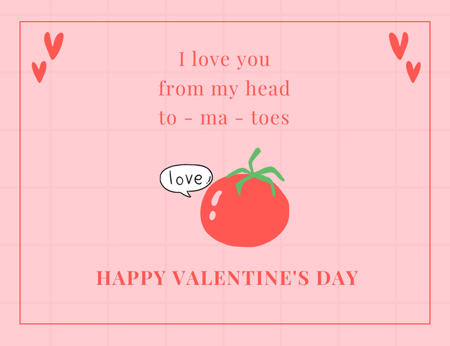 Awesome Valentine's Day Greetings with Tomato Character Thank You Card 5.5x4in Horizontal Tasarım Şablonu